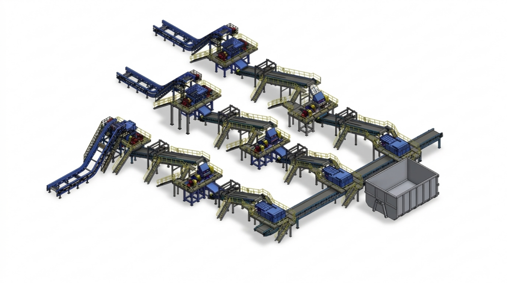A 3D model of the whole Quantum Power layout: three shredding lines and their conveyors feeding one bin