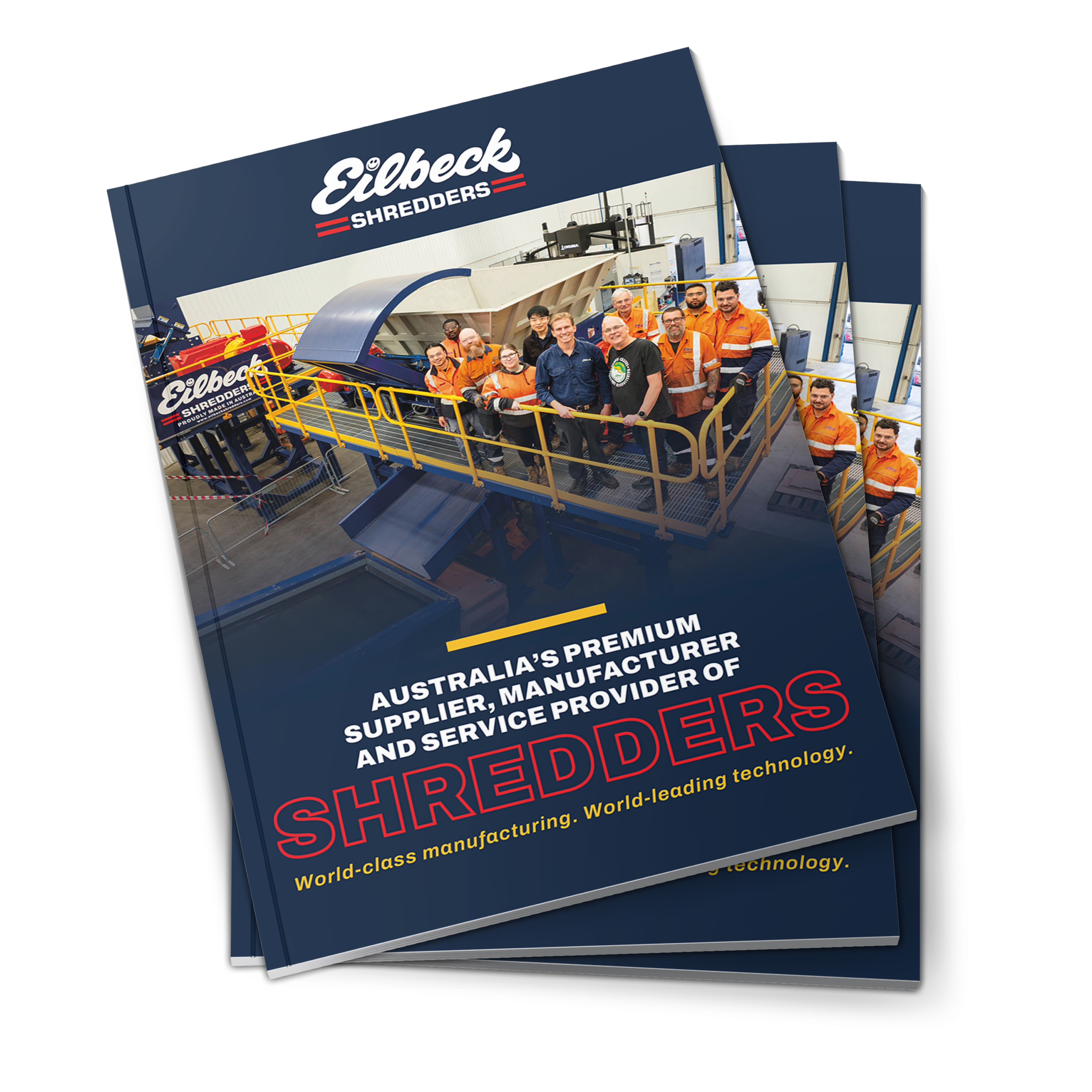 Three copies of the Eilbeck Shredders brochure fanned out, with the team on the cover