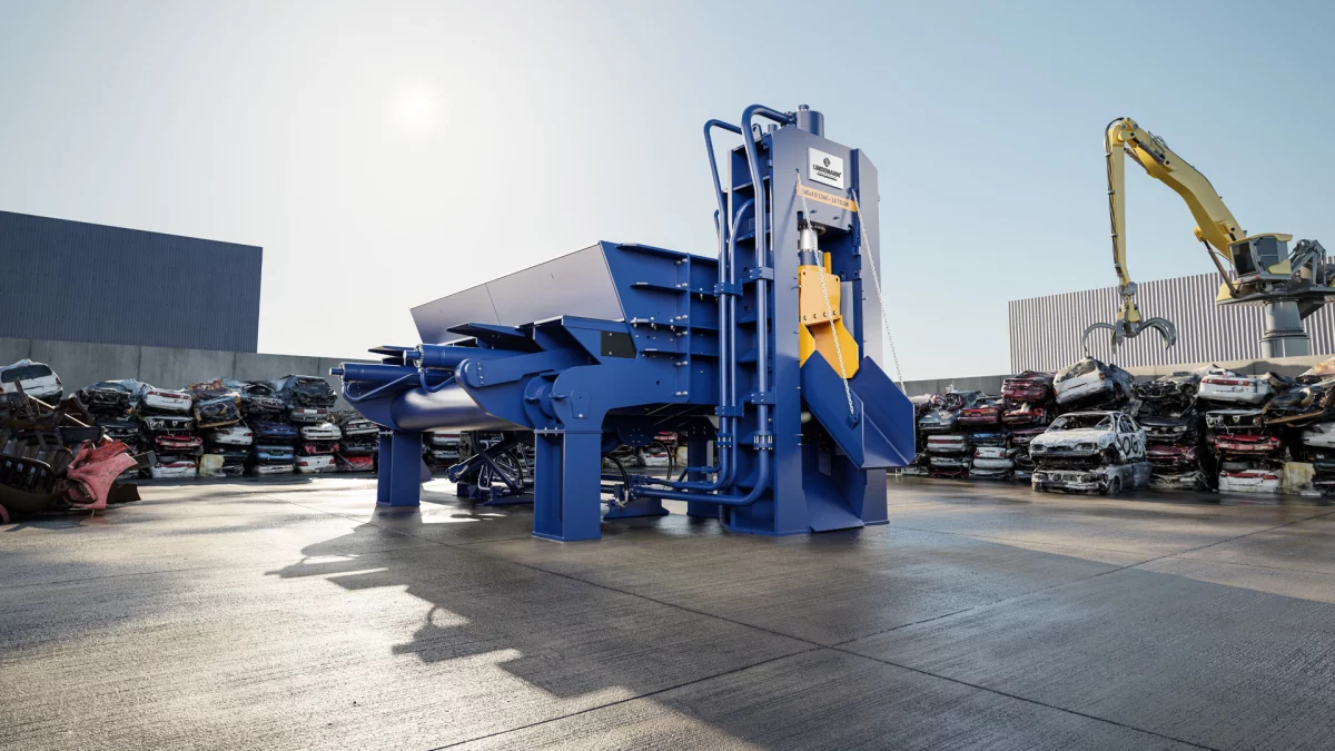 A LINDEMANN EtaCut shear in a scrap yard